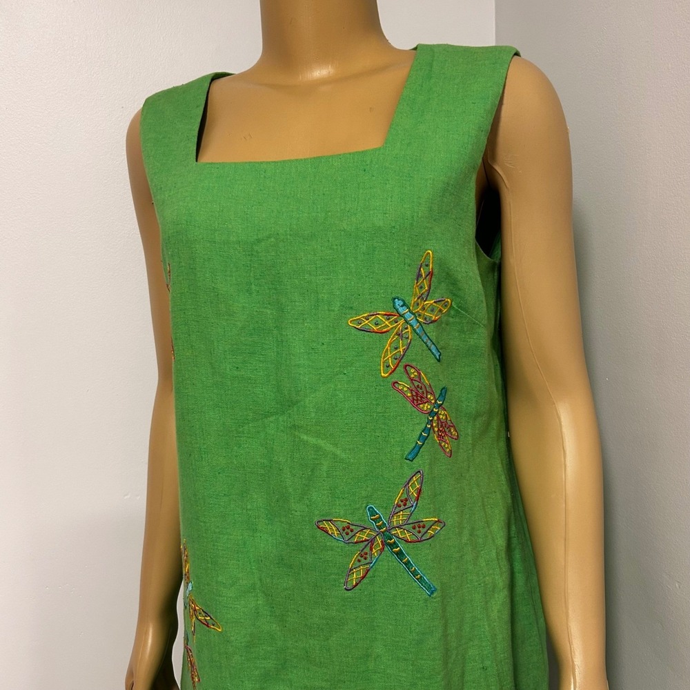 Betsy Lauren 90s Y2K Green Linen Blend Dragonfly Embroidered Sheath Dress M/L 14 - Picture 3 of 10
